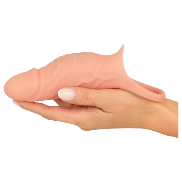 Realistixxx - vibračný erekčný krúžok s návlekom na penis - naturálny