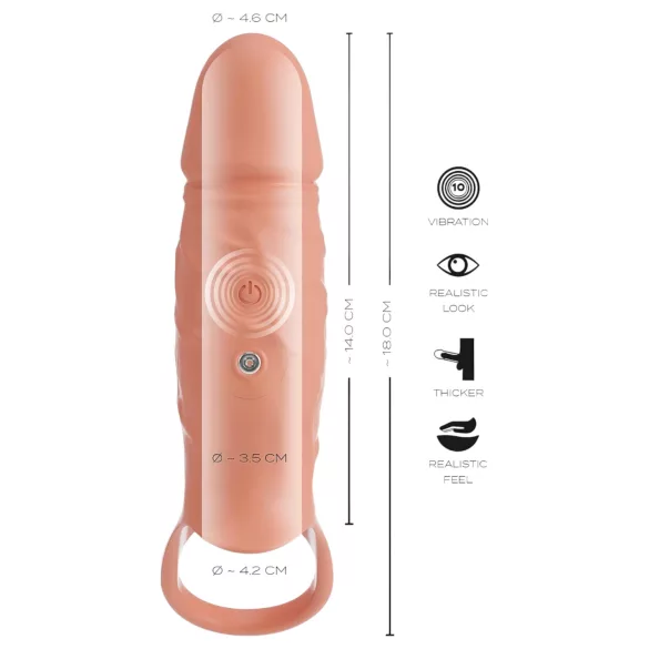 Realistixxx - vibračný erekčný krúžok s návlekom na penis - naturálny