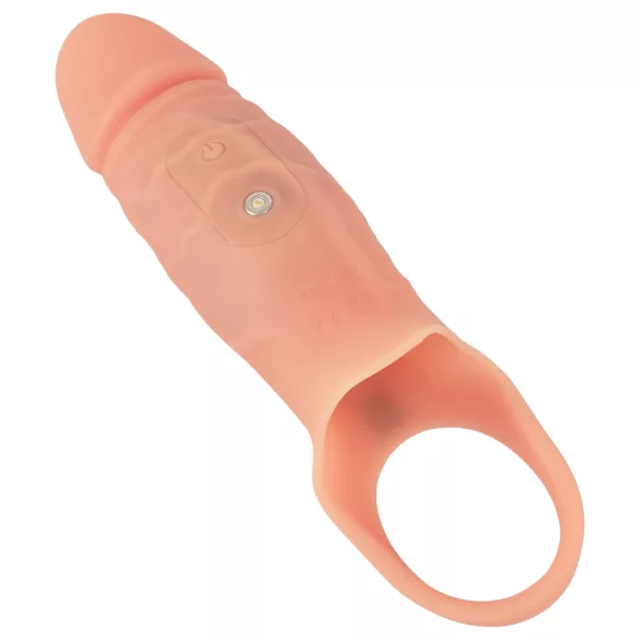 Realistixxx - vibračný erekčný krúžok s návlekom na penis - naturálny