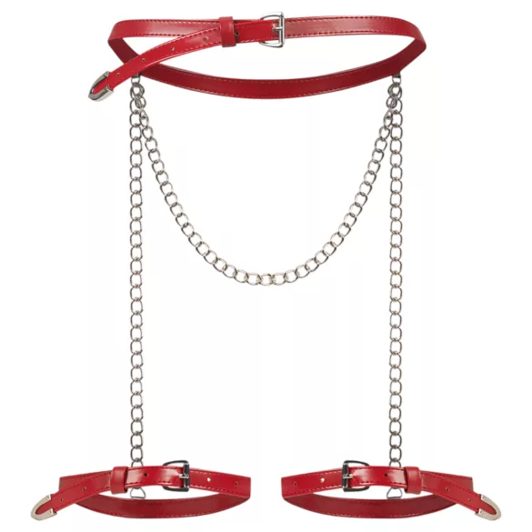 Obsessive - postroj na stehná s reťazami - kožený vzhľad - červený