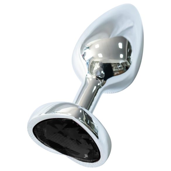 Sunfo - kovový anál plug so srdiečkovým čiernym kameňom (strieborný)