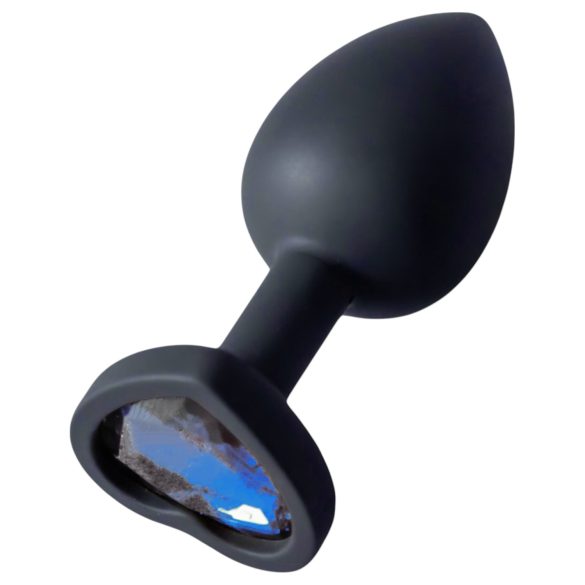 Sunfo - silikónový anál plug so srdcovým modrým kameňom (čierny)