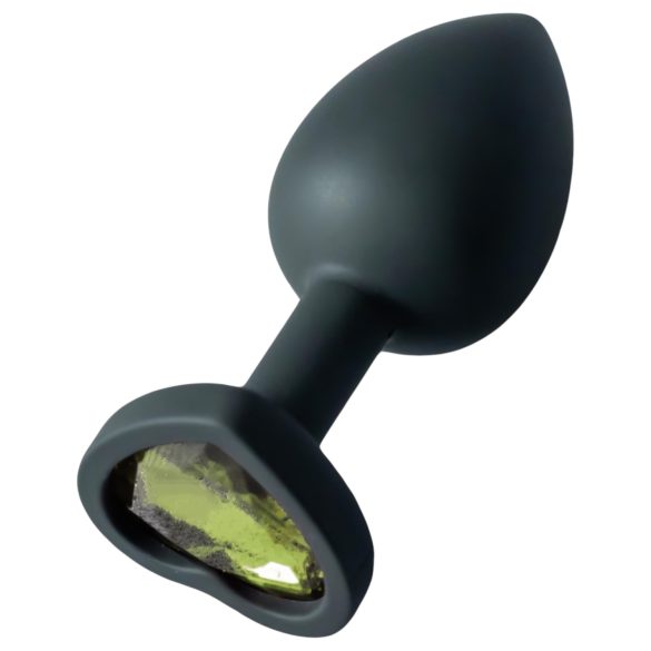 Sunfo - silikónový anál plug so zeleným srdcovým kameňom (čierny)