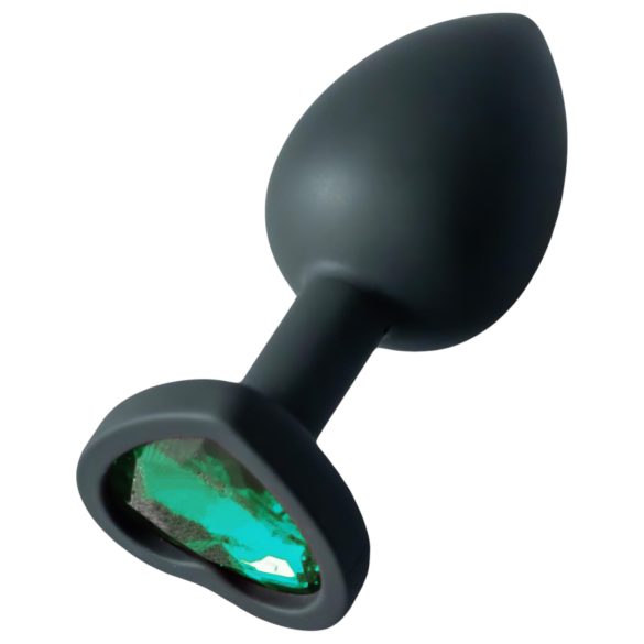 Sunfo - silikónový anál plug so srdcom a zeleným kameňom (čierny)