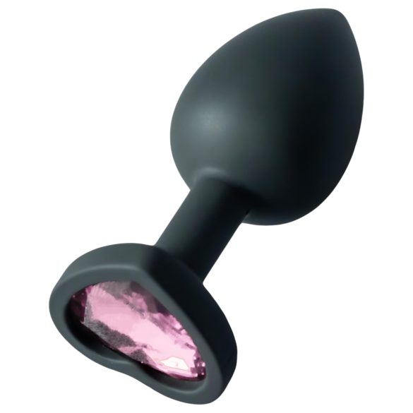Sunfo - silikónový análny plug srdcovým ružovým kameňom (čierny)