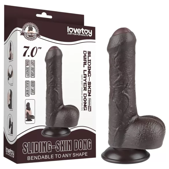 Lovetoy - realistický dildo s pohyblivou kožou a semenníkmi - 18,3 cm - hnedé