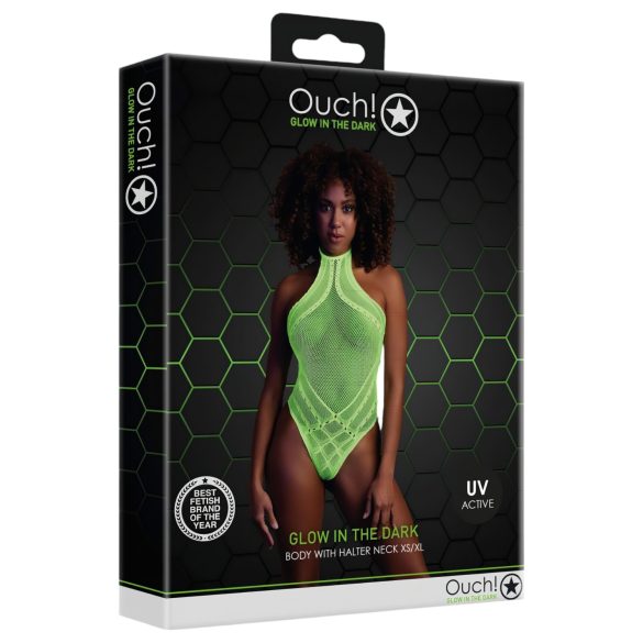 Ouch! - erotické body s popruhmi - fosforeskujúce - neon zelené - XL-4XL