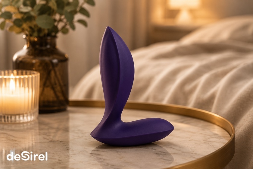 Fialová análna hračka pre začiatočníkov vystavená v útulnej, diskrétnej spálni | Sex shop Slovensko Desirel.sk