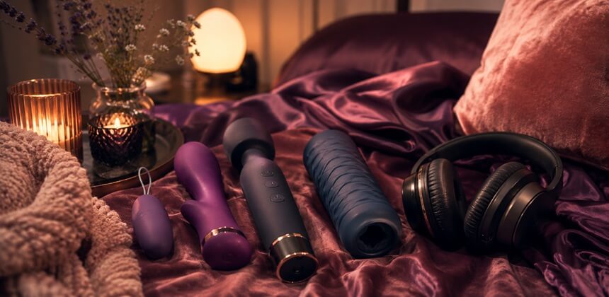 Tiché hračky a slúchadlá na fialovom saténe navodzujú intímnu atmosféru ASMR sexu | Sex shop Slovensko Desirel.sk