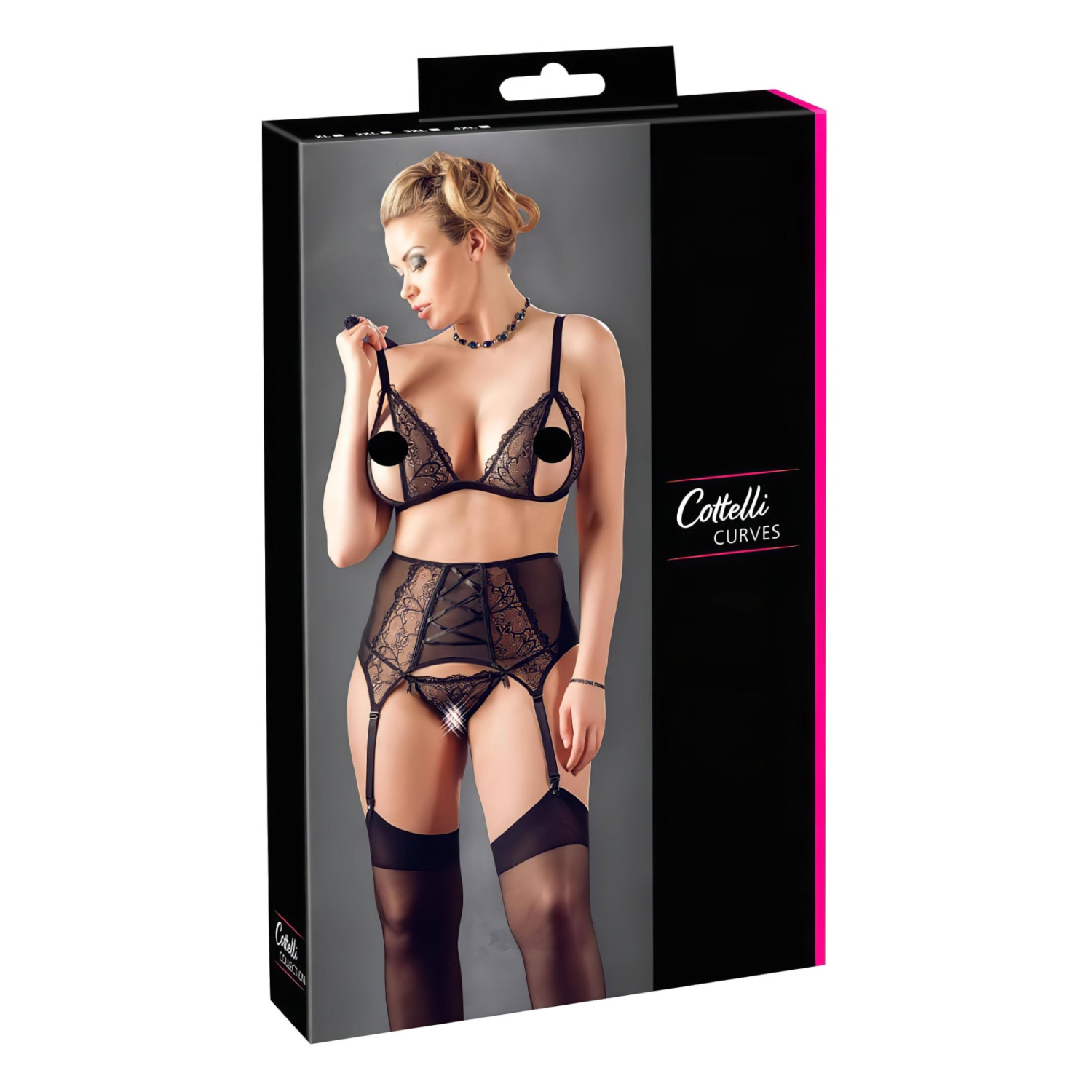 Cottelli Plus Size - Čipkové prádlo trio (čierne) - XXL